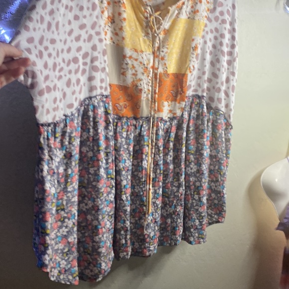 Women’s bohemian cottage core lace up neck, baby doll flowy tunic top - Picture 5 of 7